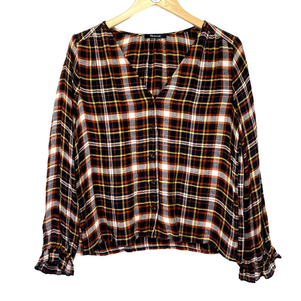 Madewell Plaid Flannel Ruffle Cuff Top Womens M Rust V-Neck Cozy Fall Feminine